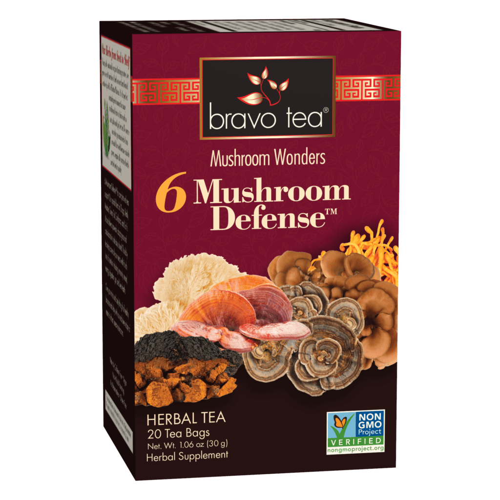 six mushroom defense tea blend, twenty teabags, net weight thirty grams