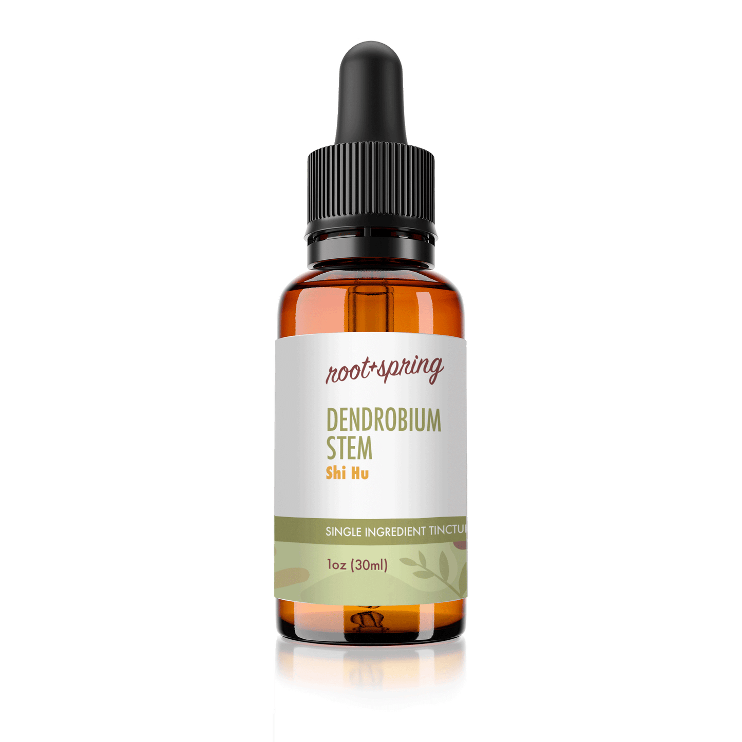 Eyedropper-top tincture bottle containing 1 fluid ounce (30 milliliters) of Dendrobium Stem (Shi Hu) by root + spring.