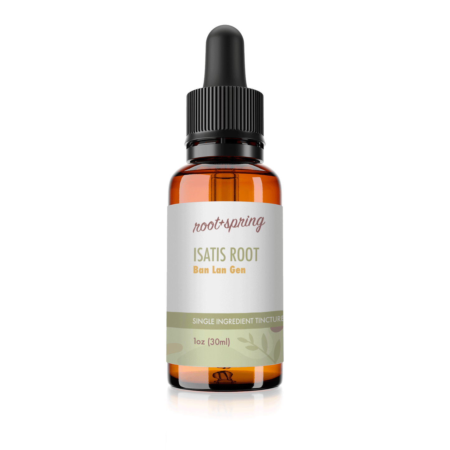 Eyedropper-top tincture bottle containing 1 fluid ounce (30 milliliters) of Isatis Root (Ban Lan Gen) by root + spring.