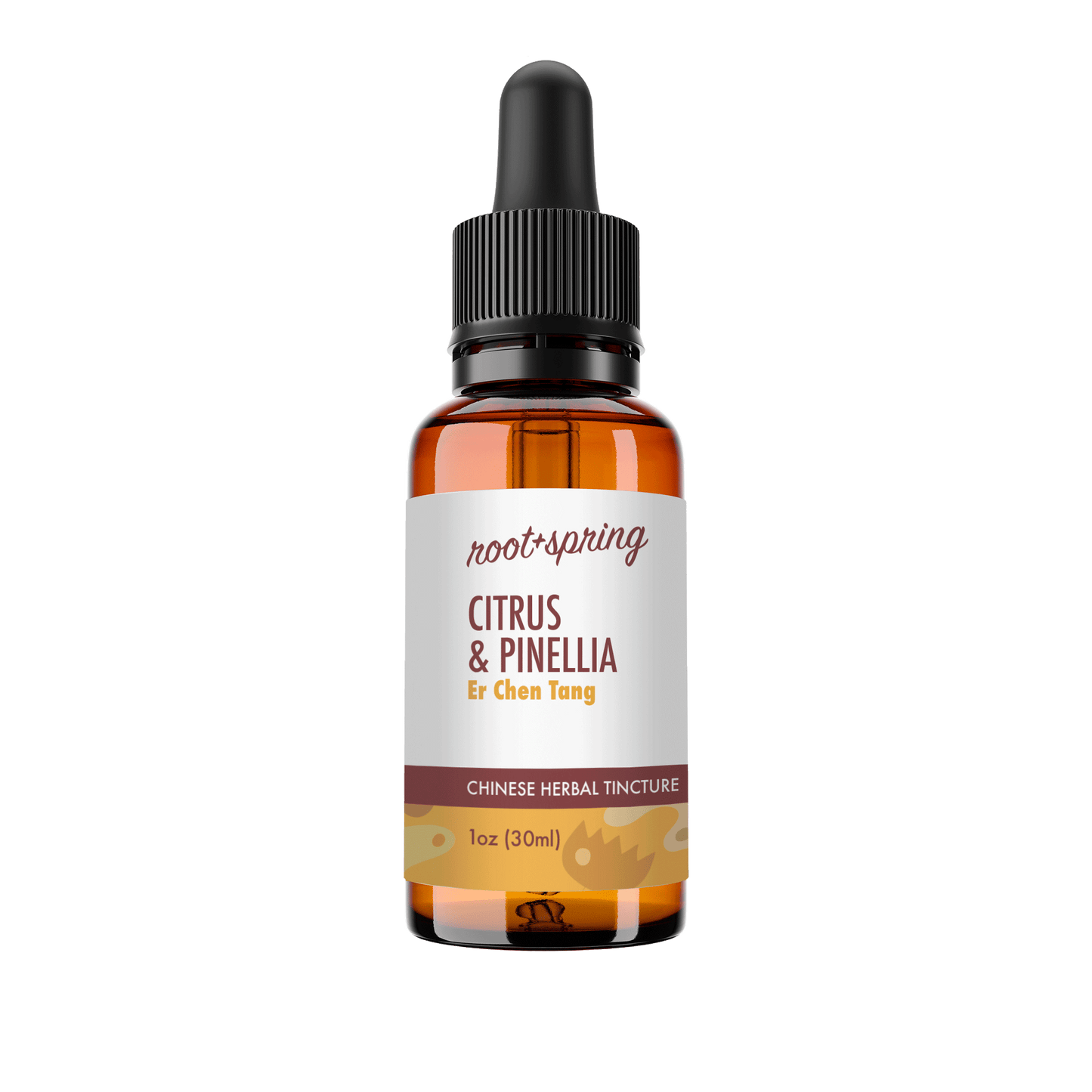 Eyedropper-top tincture bottle containing 1 fluid ounce (30 milliliters) of Citrus & Pinellia (Er Chen Tang) by root + spring.