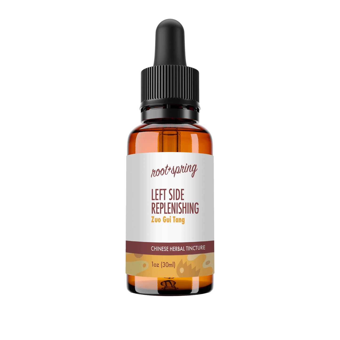 Eyedropper-top tincture bottle containing 1 fluid ounce (30 milliliters) of Left Side Replenishing (Zuo Gui Tang) by root + spring.