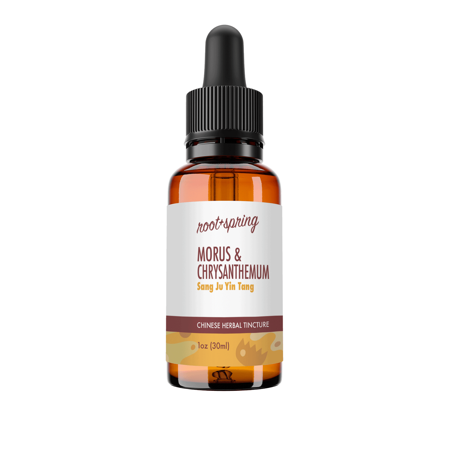 Eyedropper-top tincture bottle containing 1 fluid ounce (30 milliliters) of Morus & Chrysanthemum (Sang Ju Yin Tang) by root + spring.