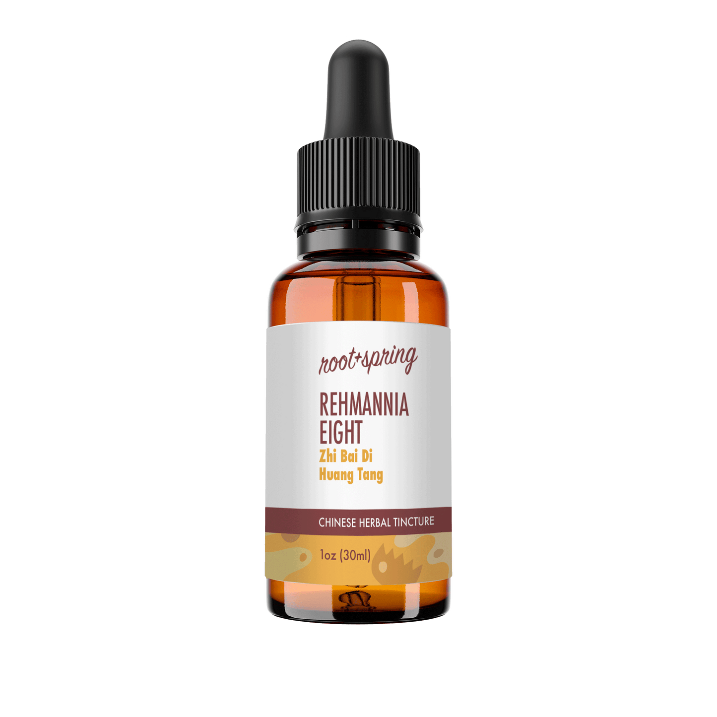 Eyedropper-top tincture bottle containing 1 fluid ounce (30 milliliters) of Rehmannia Eight (Zhi Bai Di Huang Tang) by root + spring.