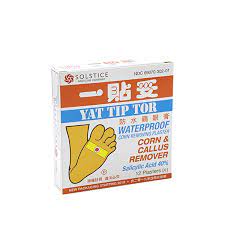 Box of 12 waterproof plasters, with 40% salicylic acid. Solstice medicine company.