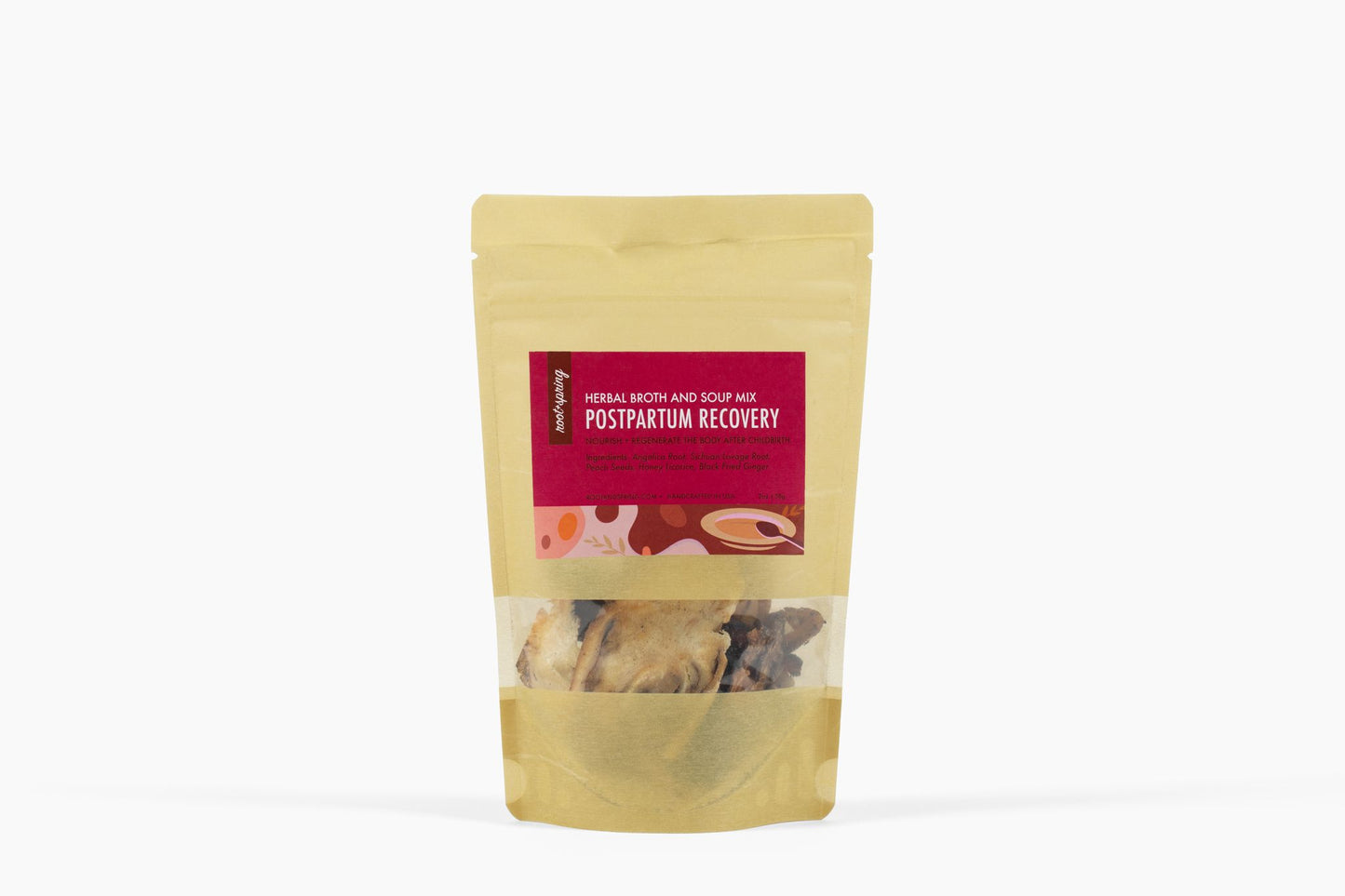 Bag of postpartum recovery herbal broth and soup mix by root + spring