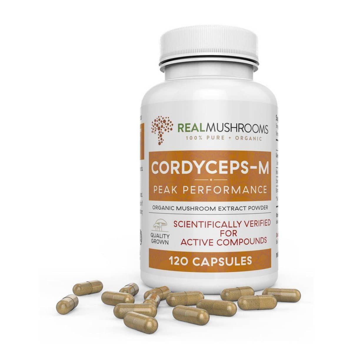 Bottle of 120 capsules of peak performance organic extract powder, scientifically verified for active compounds, 100% pure.