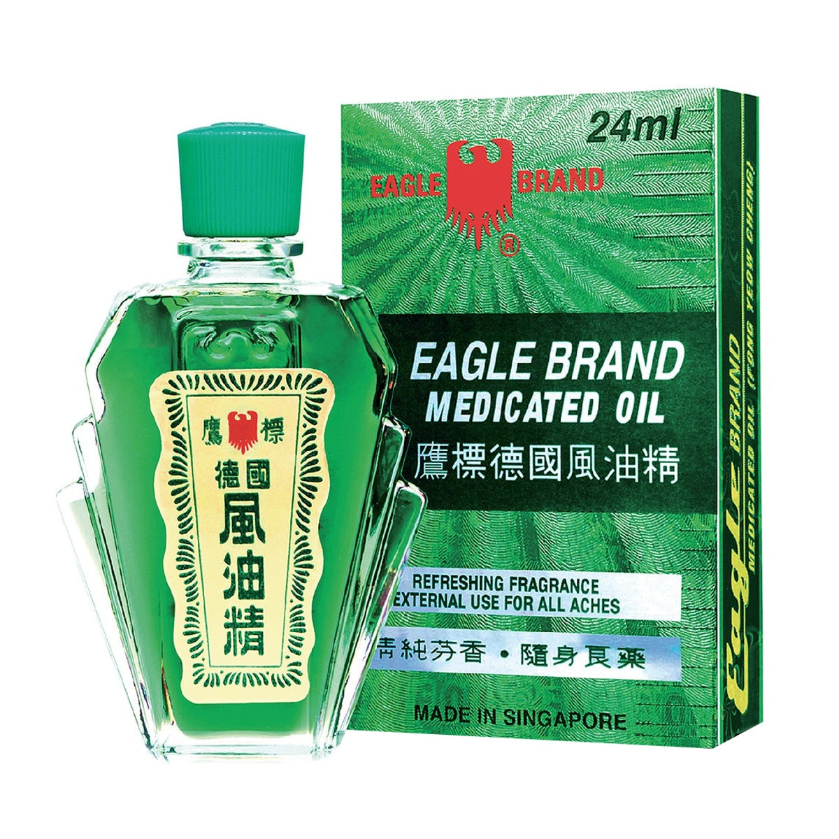 Bottle of 24 milliliters of oil, refreshing fragrance, made in singapore.
