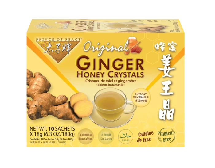 Box of 10 sachets, each 18 grams, total 180 grams or 6.3 ounces. Caffeine-free, gluten-free, and halal.