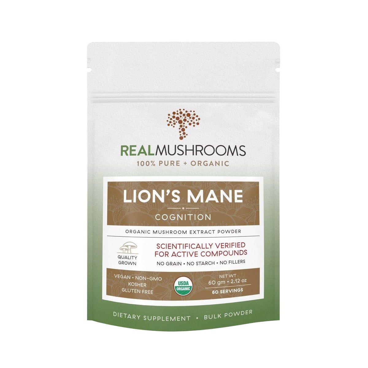 Resealable pouch of 60 servings of lion's mane cognition organic extract powder, scientifically verified for active compounds. Net weight 60 grams or 2.12 ounces.