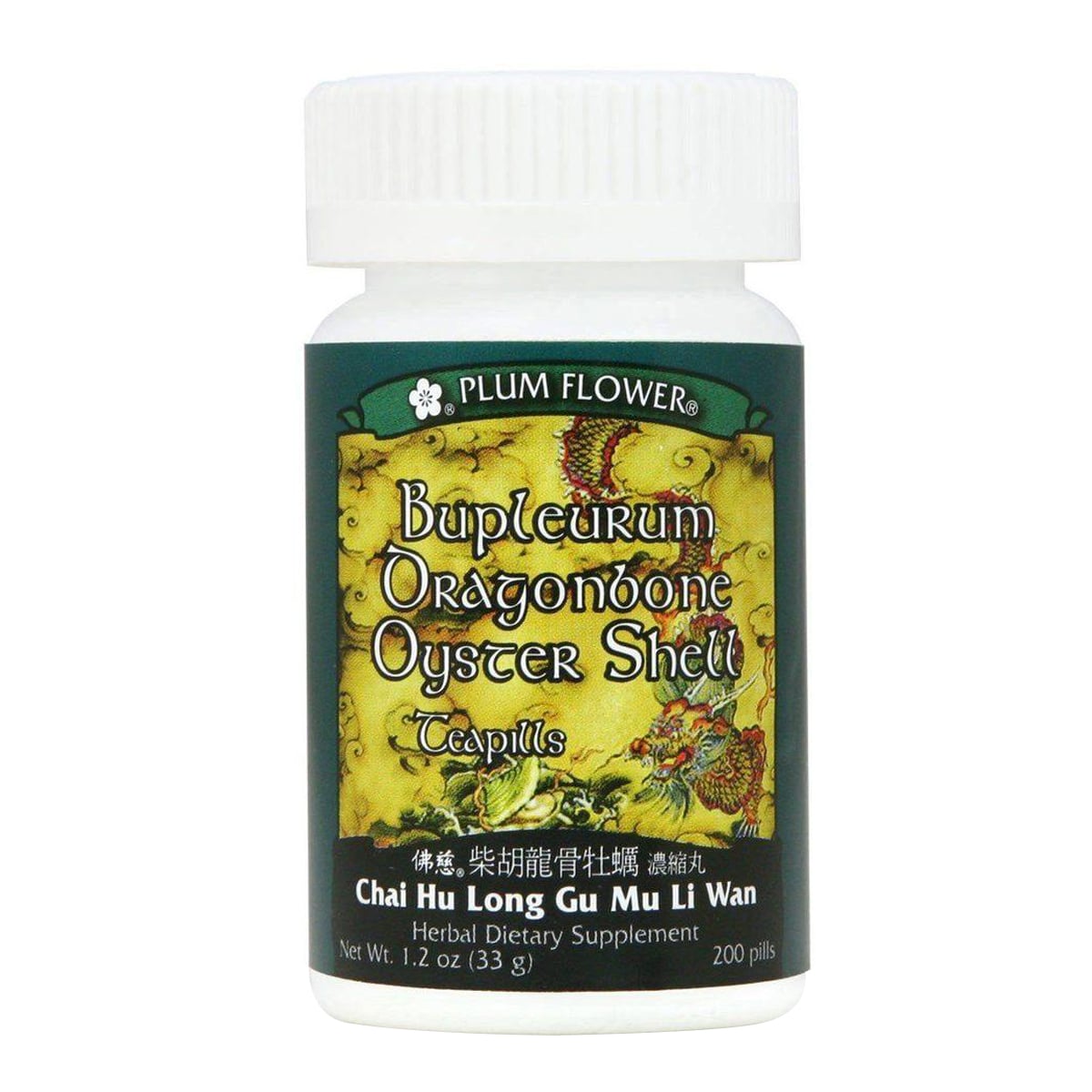 Bottle of 200 pills of herbal dietary supplement, net weight 1.2 ounces, or 33 grams. Text is written in english and chinese.