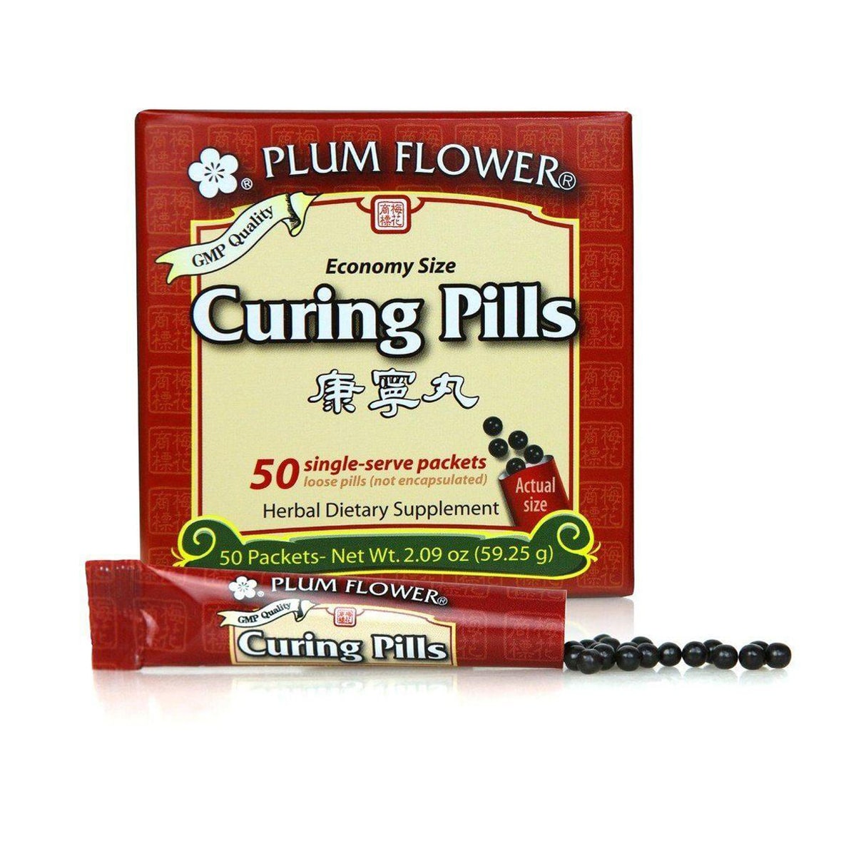 Box of 50 single serve packets of loose pills, not encapsulated, of herbal dietary supplement. Net weight 2.09 ounce, or 59.25 grams.