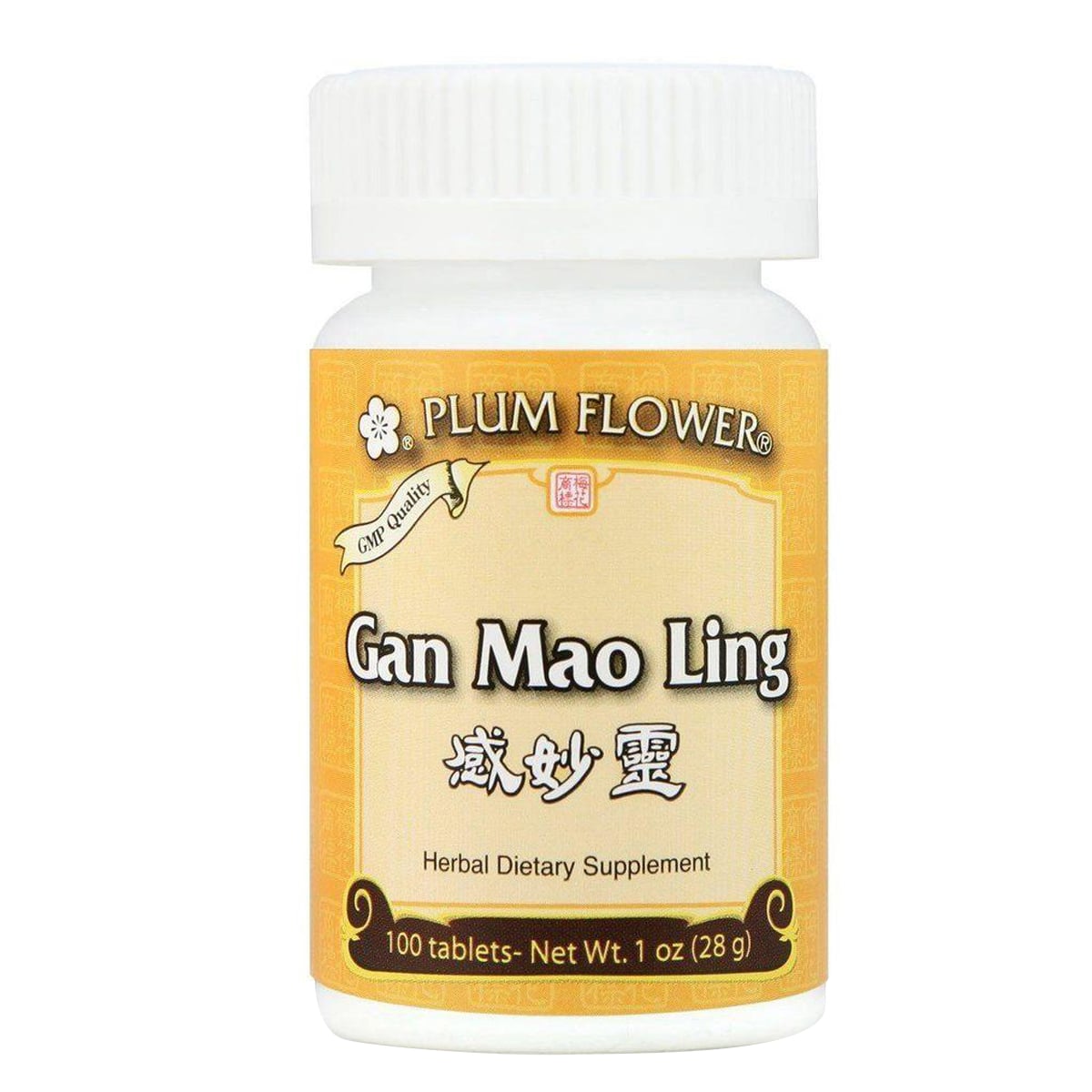 Bottle of 100 tablets of herbal dietary supplement, net weight 1 ounce, or 28 grams. English and chinese text.