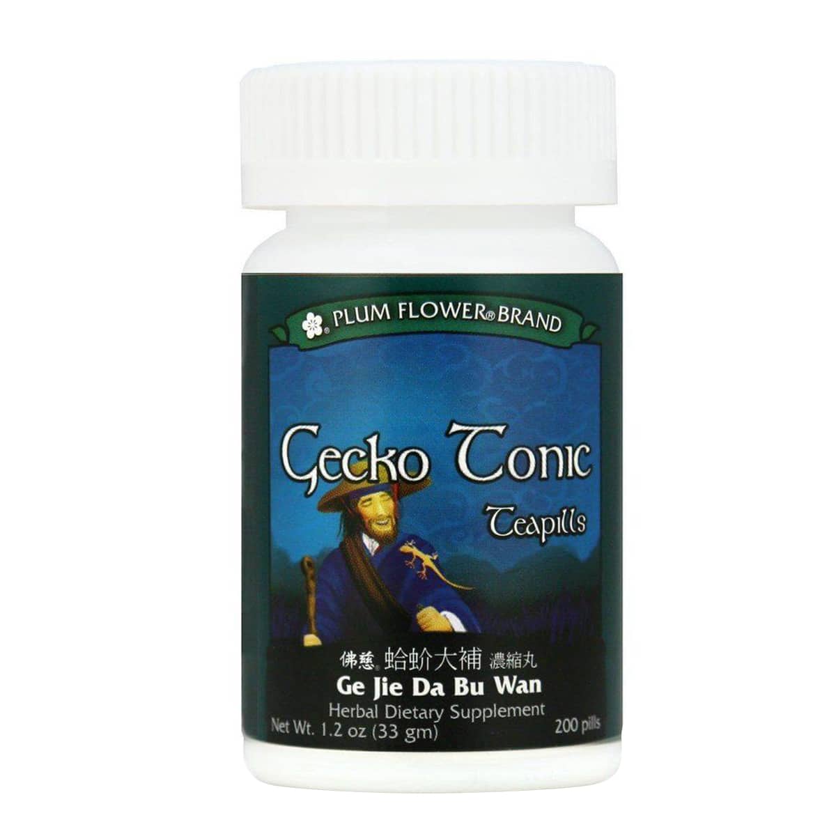 Bottle of 200 pills of herbal dietary supplement, net weight 1.2 ounces, or 33 grams. Text is written in english and chinese.