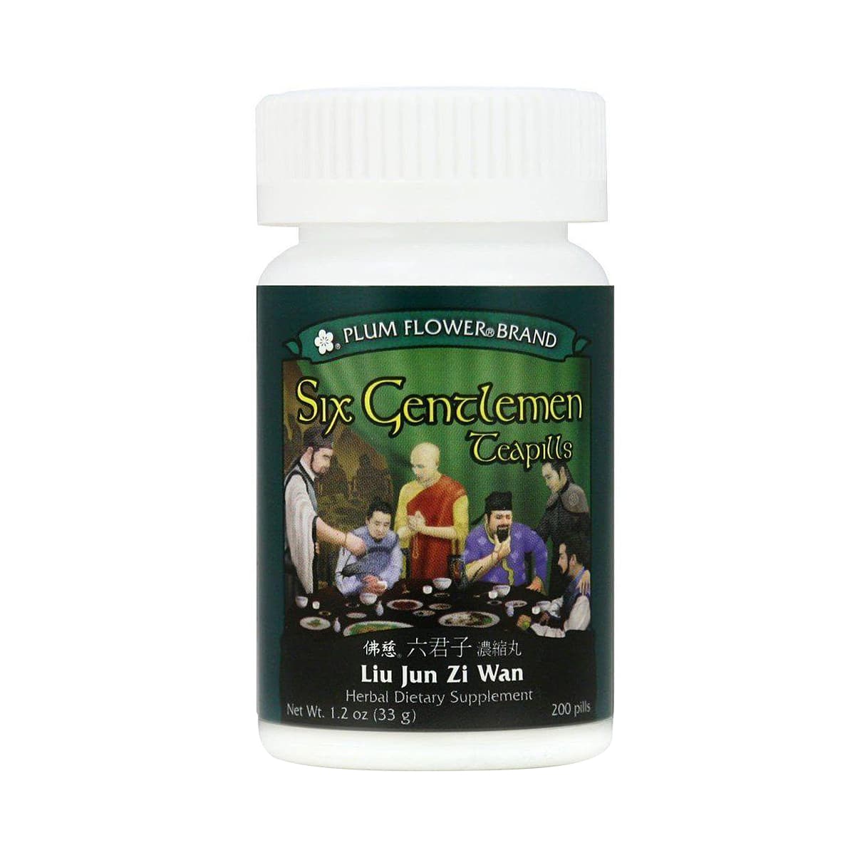 Bottle of 200 pills of herbal dietary supplement, net weight 1.2 ounces, or 33 grams. English and chinese text.