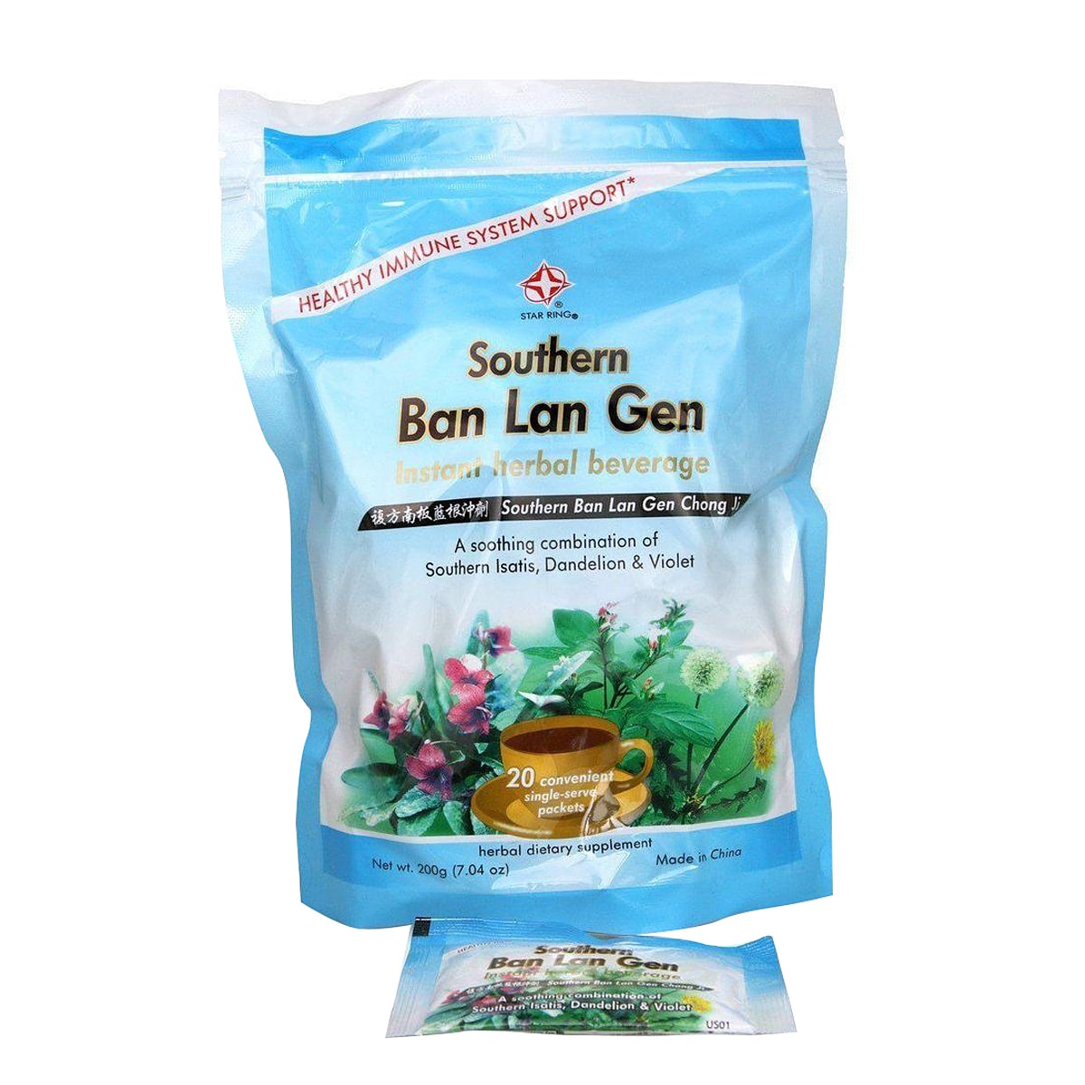 Pouch of 20 convenient single-serve packets of instant herbal beverage, a soothing combination of southern isatis, dandelion, and violet. Net weight 200 grams, or 7.04 ounces.