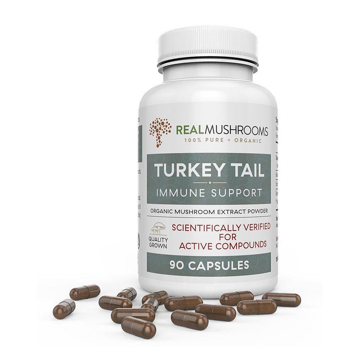White bottle with 90 brown capsules, 100% pure, immune support. Organic mushroom extract powder, scientifically verified for active compounds.