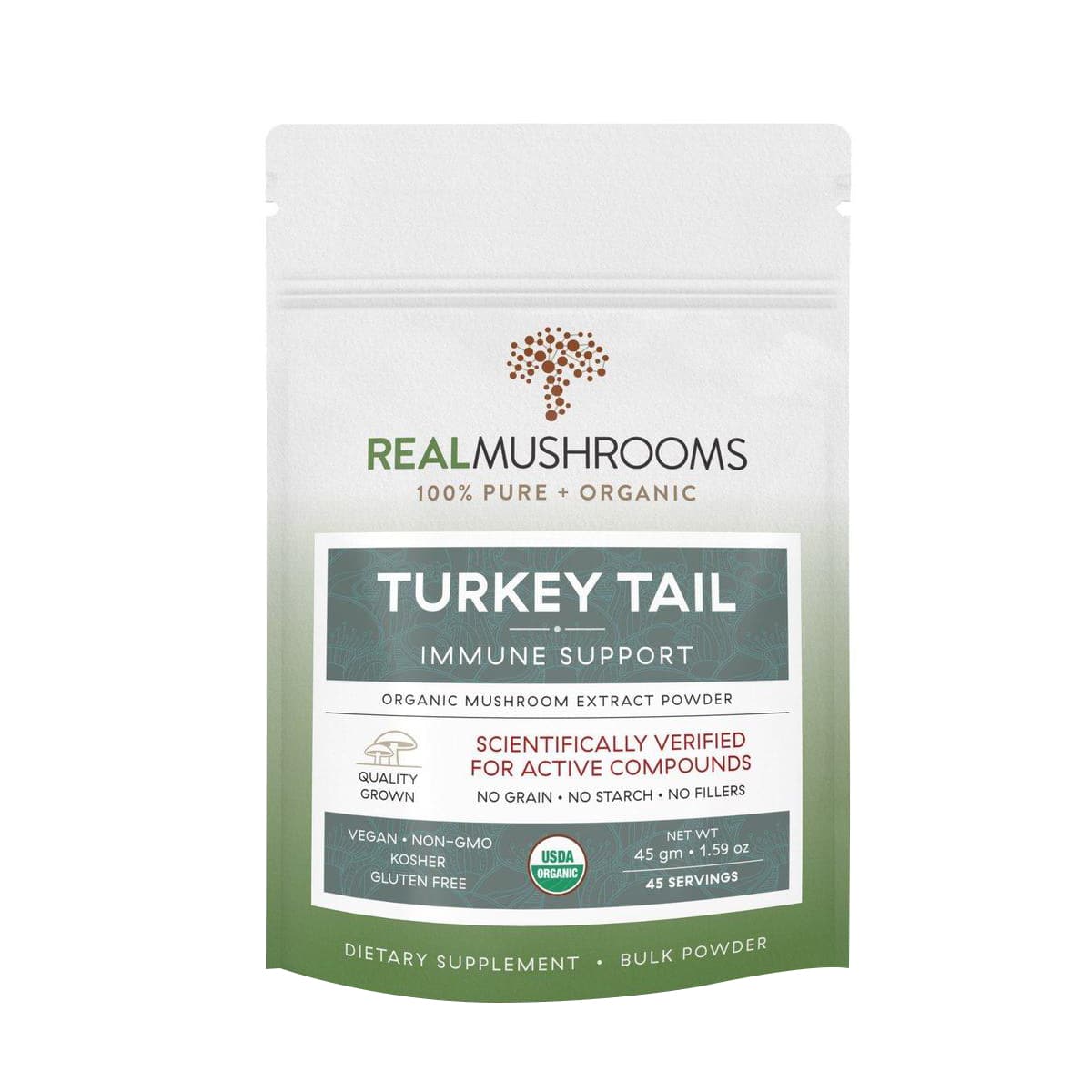 Resealable pouch of 45 servings immune support organic extract powder, scientifically verified for active compounds. Net weight 45 grams or 1.59 ounces.