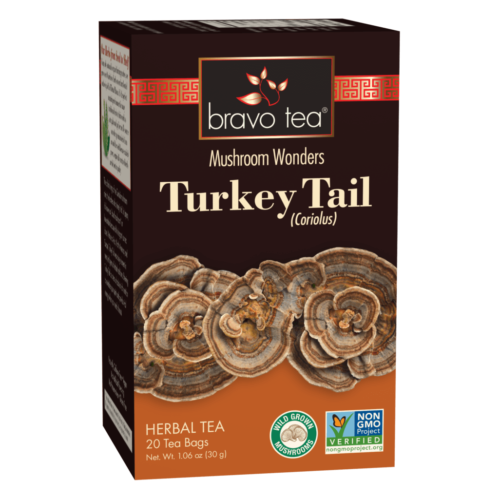 Turkey tail mushroom tea, net weight thirty grams, twenty tea bags per box