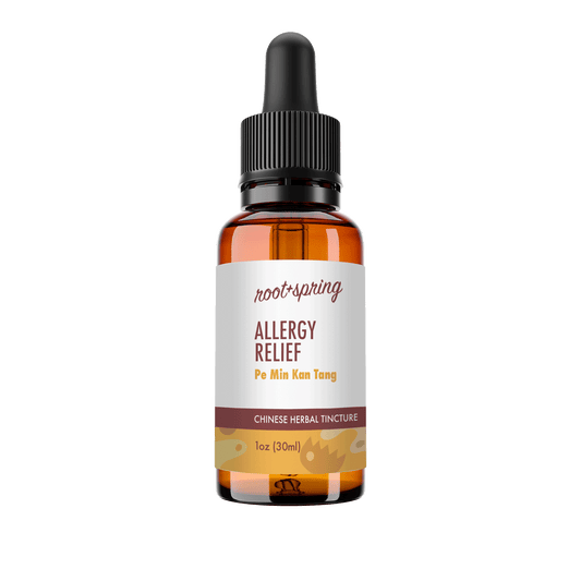 Eyedropper-top tincture bottle containing 1 fluid ounce (30 milliliters) of Allergy Relief (Pe Min Kan Tang) by root + spring.