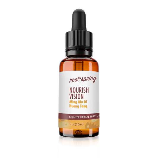 Eyedropper-top tincture bottle containing 1 fluid ounce (30 milliliters) of Nourish Vision (Ming Mu Di Huang Wan) by root + spring.