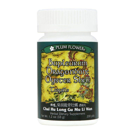 Bottle of 200 pills of herbal dietary supplement, net weight 1.2 ounces, or 33 grams. Text is written in english and chinese.