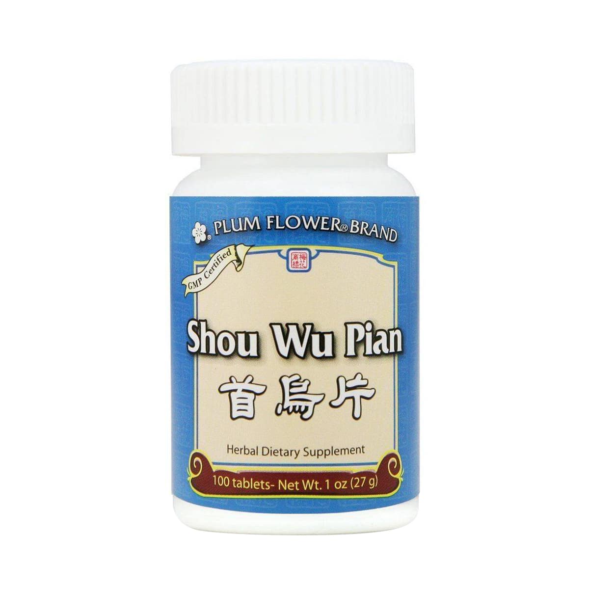 Bottle of 100 tablets of herbal dietary supplement, net weight 1 ounce, or 27 grams. English and chinese text.
